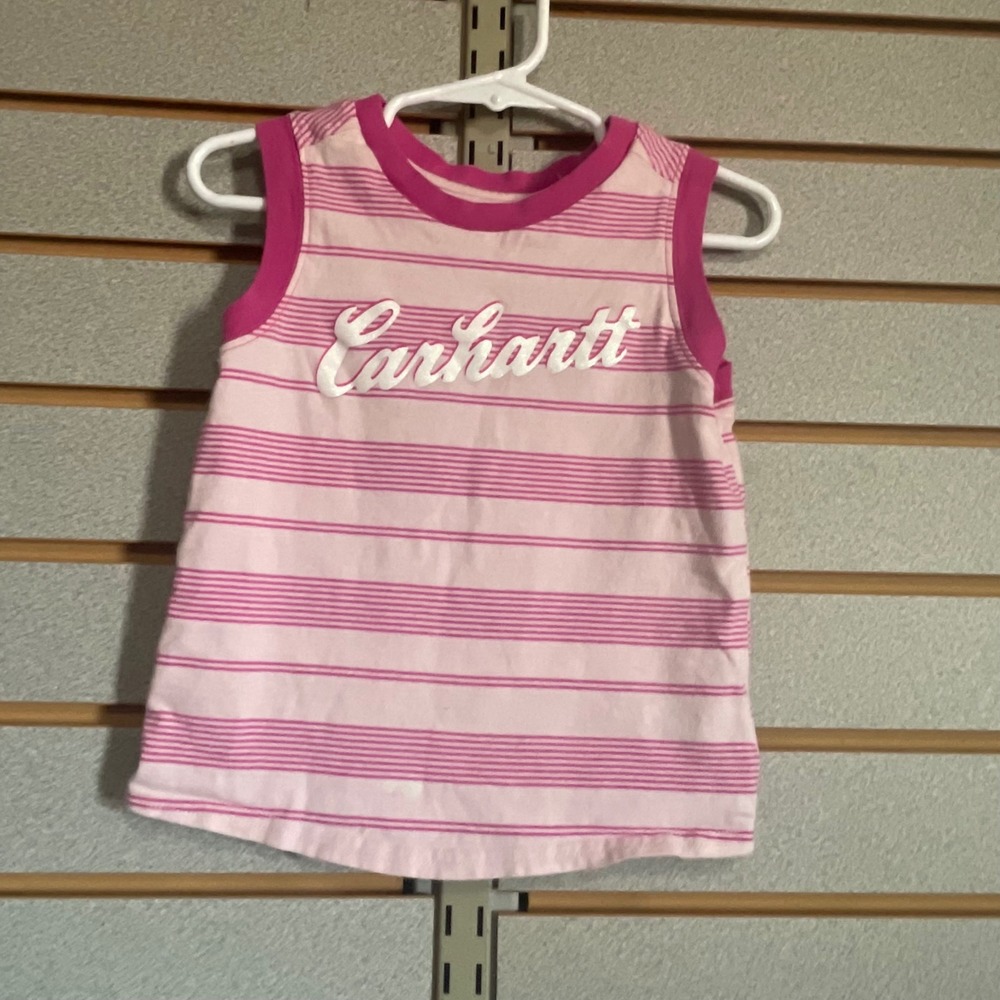 Carhartt Girls Pink Striped Sleeveless Tank Top Glitter Logo Size 3T